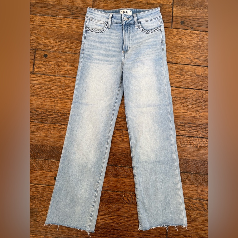 PAIGE Atley Ankle Flare Jeans w/braided details, raw hem.  Size 24